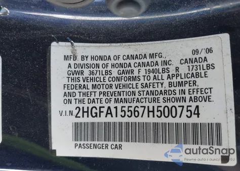 2007 Honda Civic Lx из США, поврежденный, VIN 2HGFA15567H500754